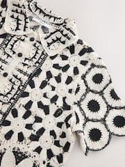 Black White 100% Cotton Floral Crochet Shirt - Image 7 of 8