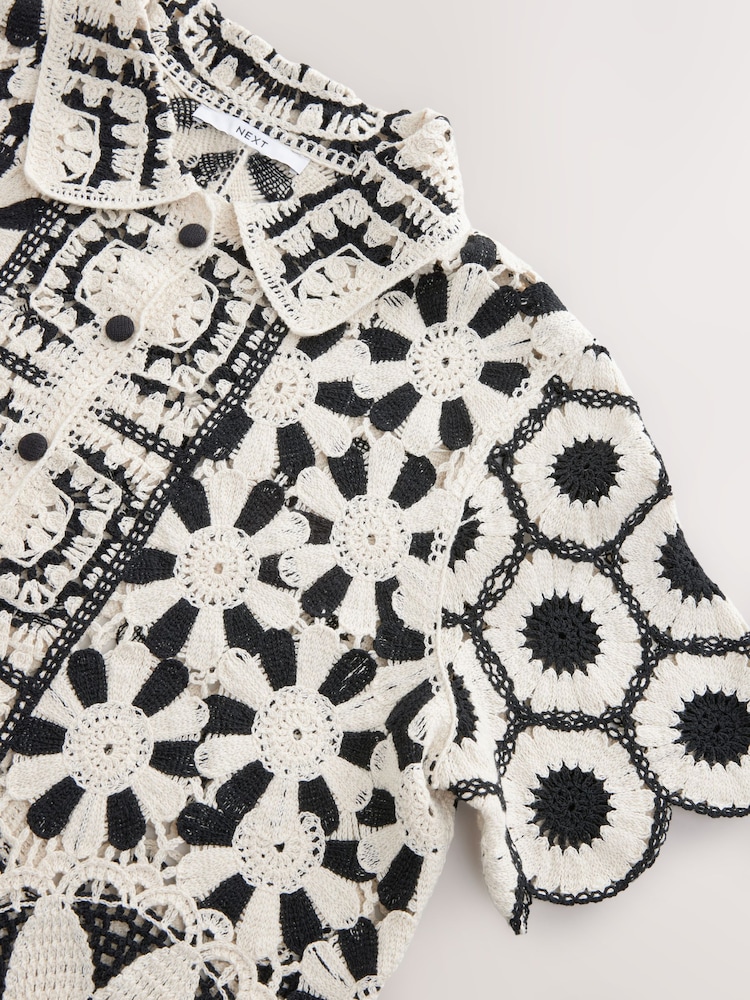 Black White 100% Cotton Floral Crochet Shirt - Image 7 of 8