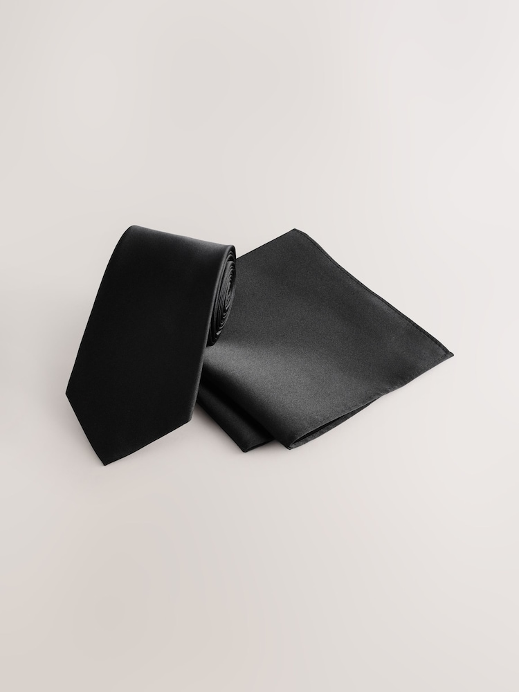 Black Silk Tie And Pocket Square Set - Image 1 of 4