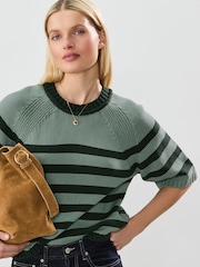Teal Blue Stripe 100% Cotton Knitted Short Sleeve Top - Image 1 of 7