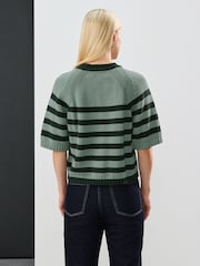 Teal Blue Stripe 100% Cotton Knitted Short Sleeve Top - Image 3 of 7