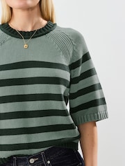 Teal Blue Stripe 100% Cotton Knitted Short Sleeve Top - Image 4 of 7
