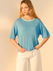 Blue Short Sleeve Crew Neck T-Shirt With Linen - Image 2 of 8