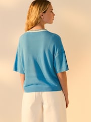 Blue Short Sleeve Crew Neck T-Shirt With Linen - Image 4 of 8