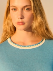 Blue Short Sleeve Crew Neck T-Shirt With Linen - Image 5 of 8