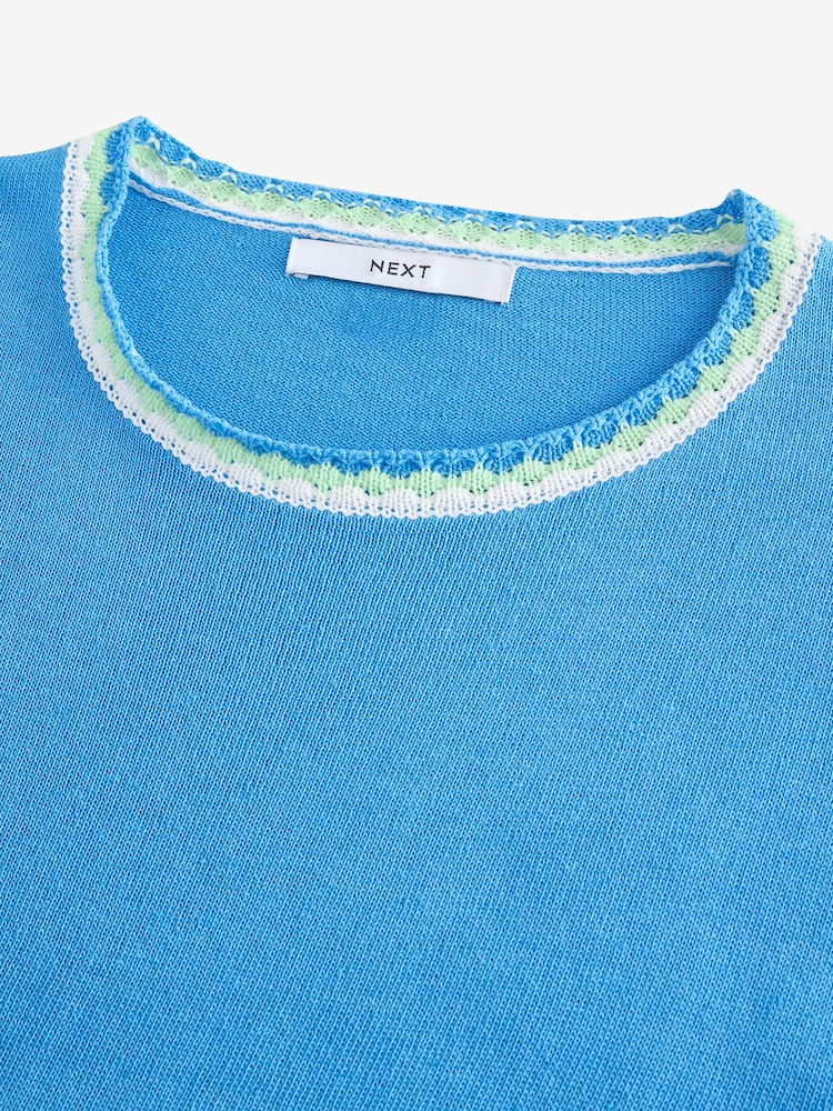Blue Short Sleeve Crew Neck T-Shirt With Linen - Image 8 of 8