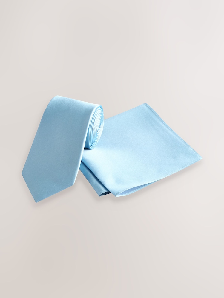 Azul pastel - Regular - Juego de corbata y pañuelo de bolsillo de seda - Imagen 1 de 4