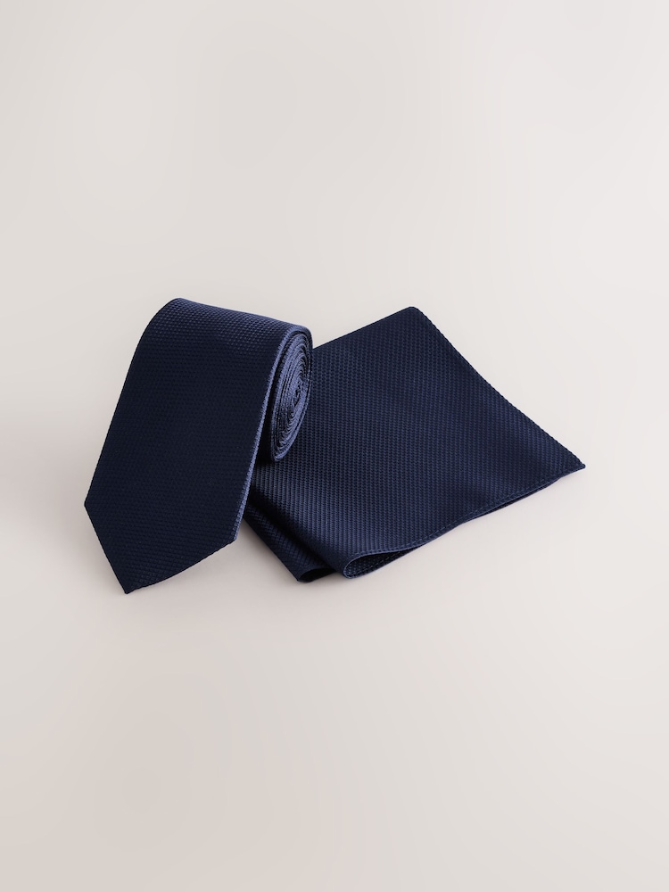 Navy Textured Tie And Pocket Square Set - Image 1 of 4