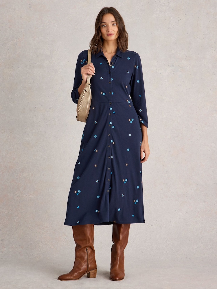 White Stuff Blue Rua Embroidered Jersey Dress - Image 1 of 6