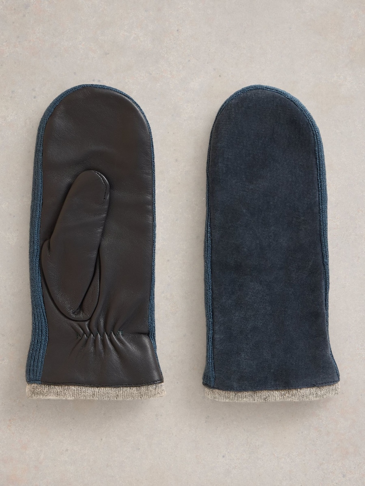 White Stuff Blue Suede Mitten Gloves - Image 1 of 3
