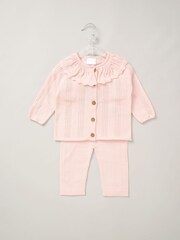 Rock-A-Bye Baby Boutique Girls Pink 100% Cotton Cardigan With Oversized Frill Collar and Trousers Outfit Set - Image 1 of 5