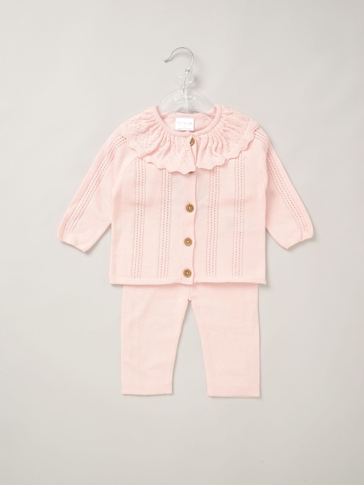 Rock-A-Bye Baby Boutique Girls Pink 100% Cotton Cardigan With Oversized Frill Collar and Trousers Outfit Set - Image 1 of 5