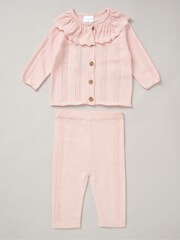 Rock-A-Bye Baby Boutique Girls Pink 100% Cotton Cardigan With Oversized Frill Collar and Trousers Outfit Set - Image 2 of 5