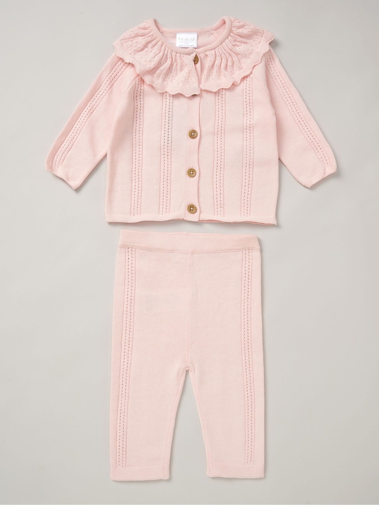 Rock-A-Bye Baby Boutique Girls Pink 100% Cotton Cardigan With Oversized Frill Collar and Trousers Outfit Set - Image 2 of 5