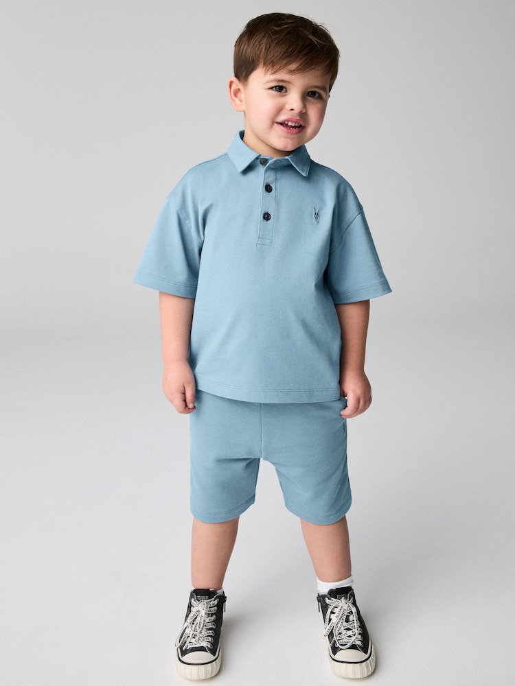 smALLSAINTS Blue Younger Boys Ramskull 100% Cotton Polo Shirt and Shorts Set - Image 1 of 9