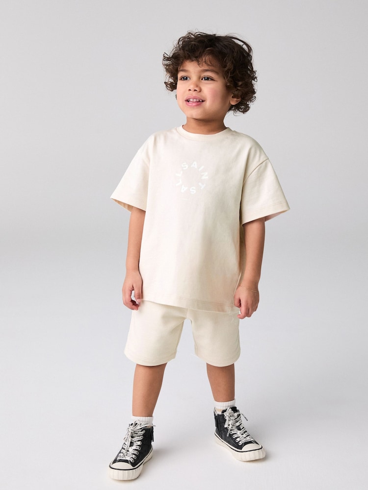 smALLSAINTS Natural Younger Boys Tierra 100% Cotton T-Shirt and Sweat Shorts Set - Image 1 of 10