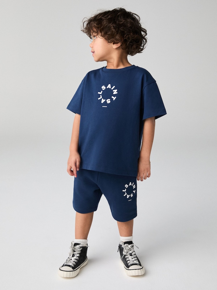 smALLSAINTS Navy Younger Boys Tierra 100% Cotton T-Shirt and Sweat Shorts Set - Image 1 of 9
