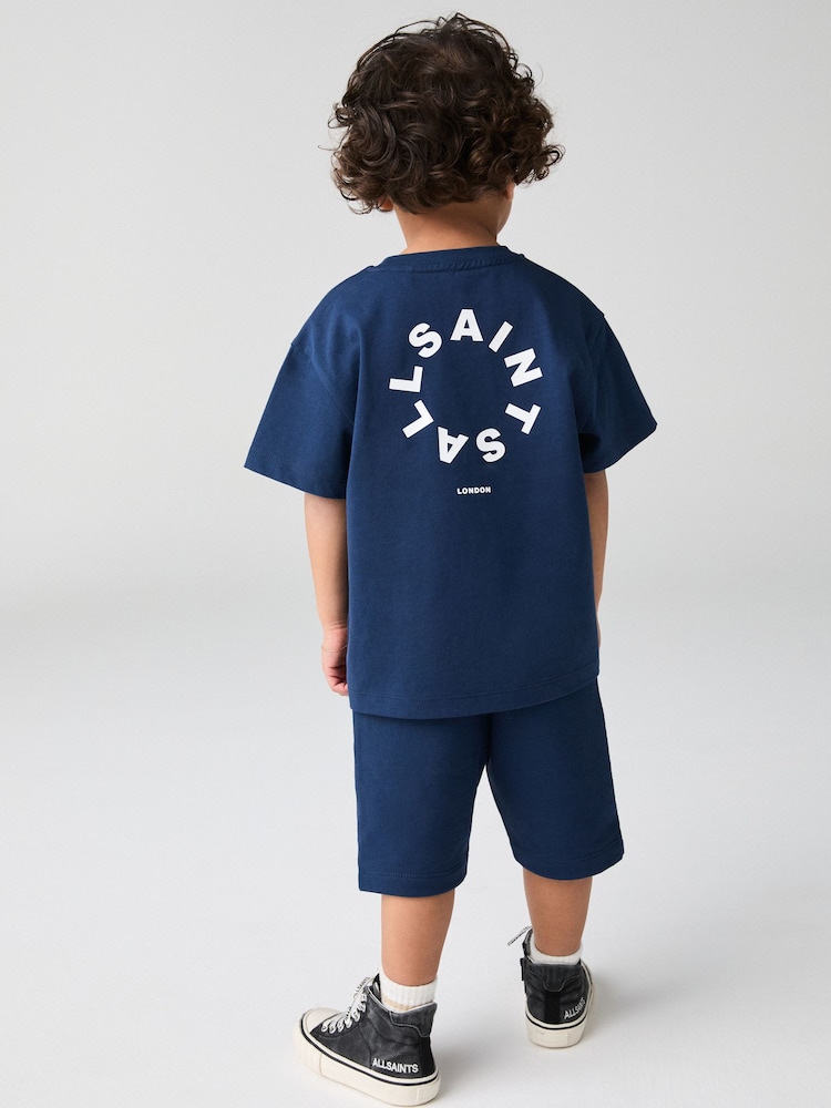 smALLSAINTS Navy Younger Boys Tierra 100% Cotton T-Shirt and Sweat Shorts Set - Image 2 of 9
