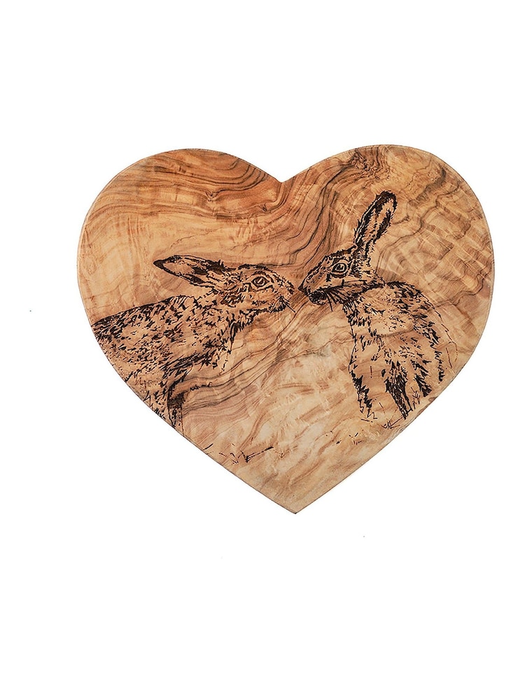 The Just Slate Company Olive Wood Heart Shaped Board 21cm - Kissing Hares - Image 2 of 2