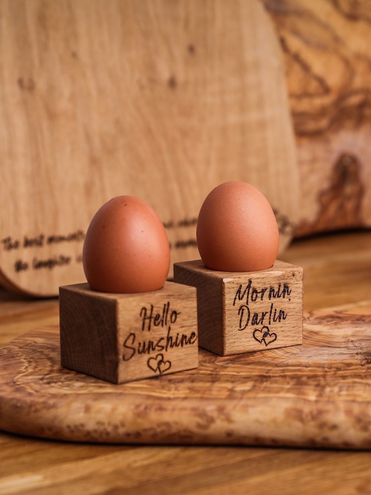 Selbrae House Set of 2 Oak Hello Mornin Egg Cups - Image 1 of 2