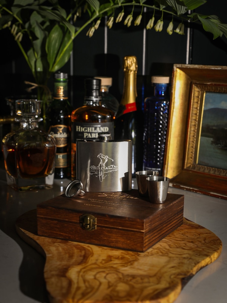 The Just Slate Company Chrome Hip Flask & Cup Set - Golf - Image 1 of 4