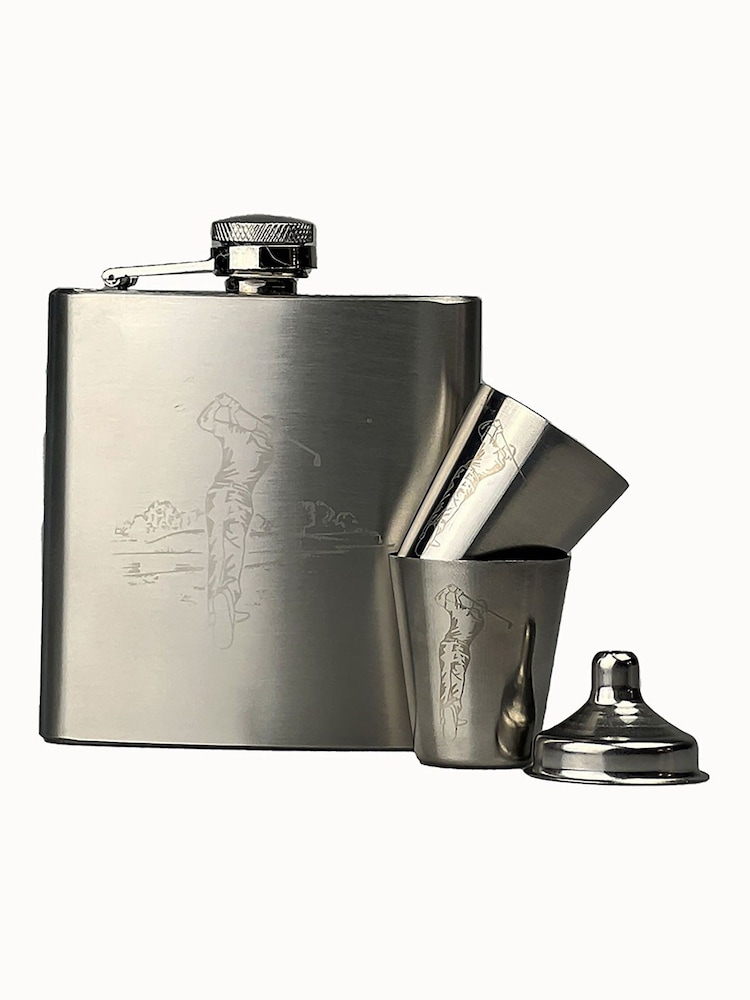 The Just Slate Company Chrome Hip Flask & Cup Set - Golf - Image 2 of 4