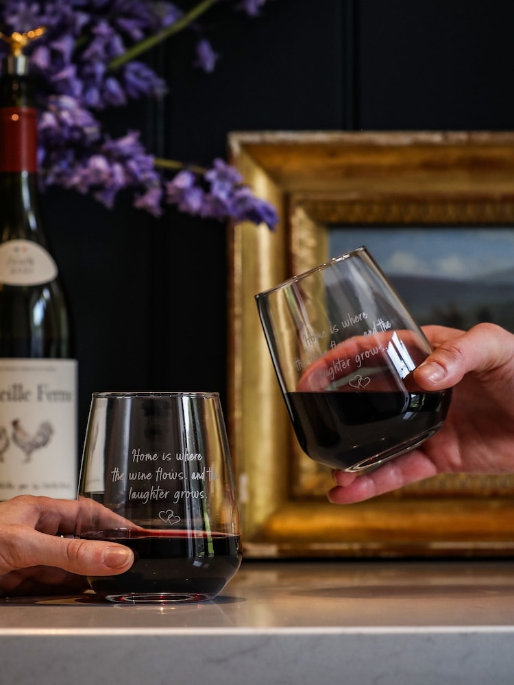 Selbrae House Set of 2 Clear Wine & Laughter Stemless Glasses - Image 1 of 3 Selbrae House Set of 2 Clear Wine & Laughter Stemless Glasses - Image 1 of 3