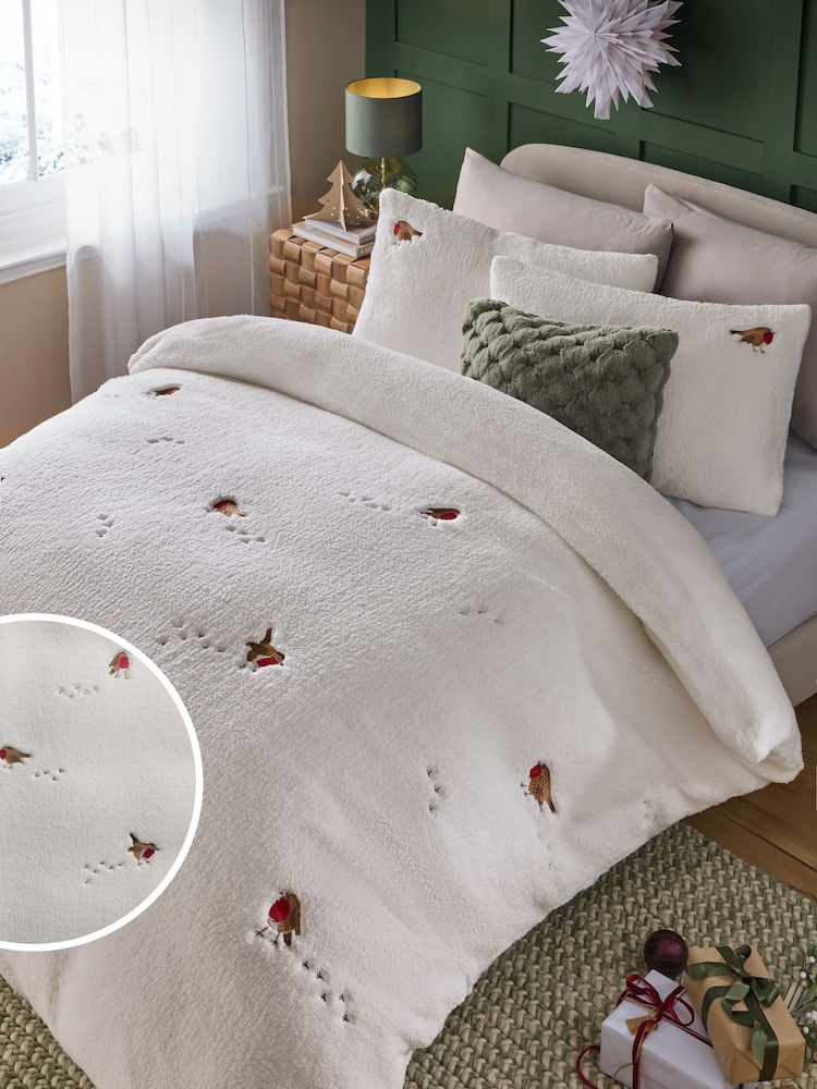 White Christmas Robin Fleece Duvet Cover and Pillowcase Set - Image 1 of 4 White Christmas Robin Fleece Duvet Cover and Pillowcase Set - Image 1 of 4