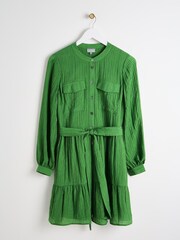 Oliver Bonas Green Textured Button Through Tiered Mini Dress - Image 1 of 6