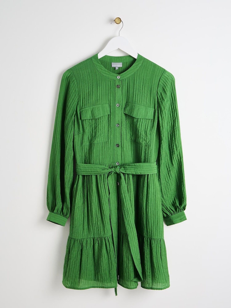 Oliver Bonas Green Textured Button Through Tiered Mini Dress - Image 1 of 6 Oliver Bonas Green Textured Button Through Tiered Mini Dress - Image 1 of 6
