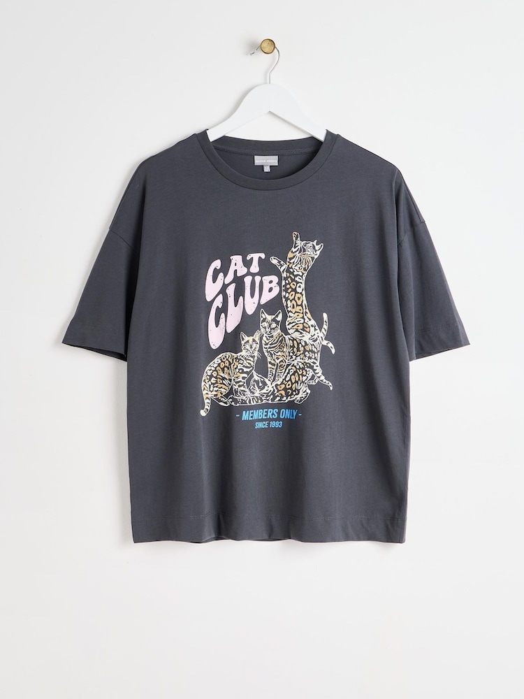 Oliver Bonas Grey Cat Club T-Shirt - Image 1 of 6