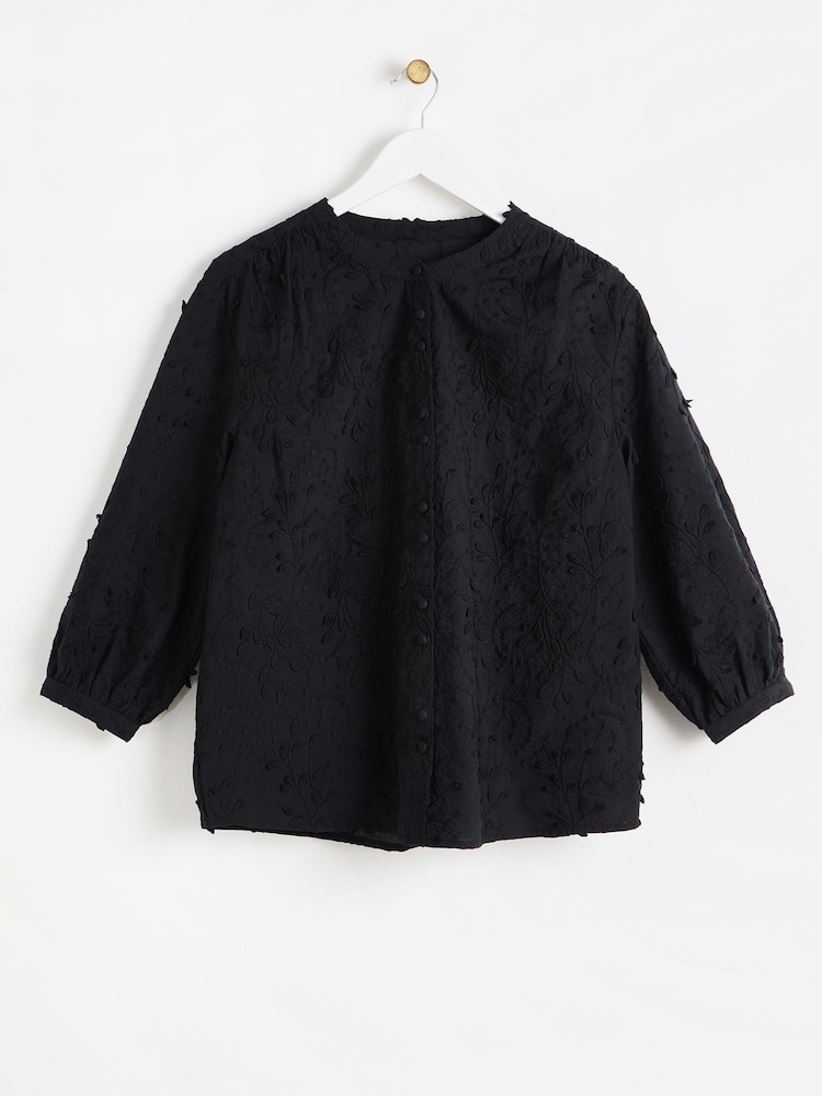 Oliver Bonas Black Broderie Embroidered Floral 100% Cotton Blouse - Image 1 of 6