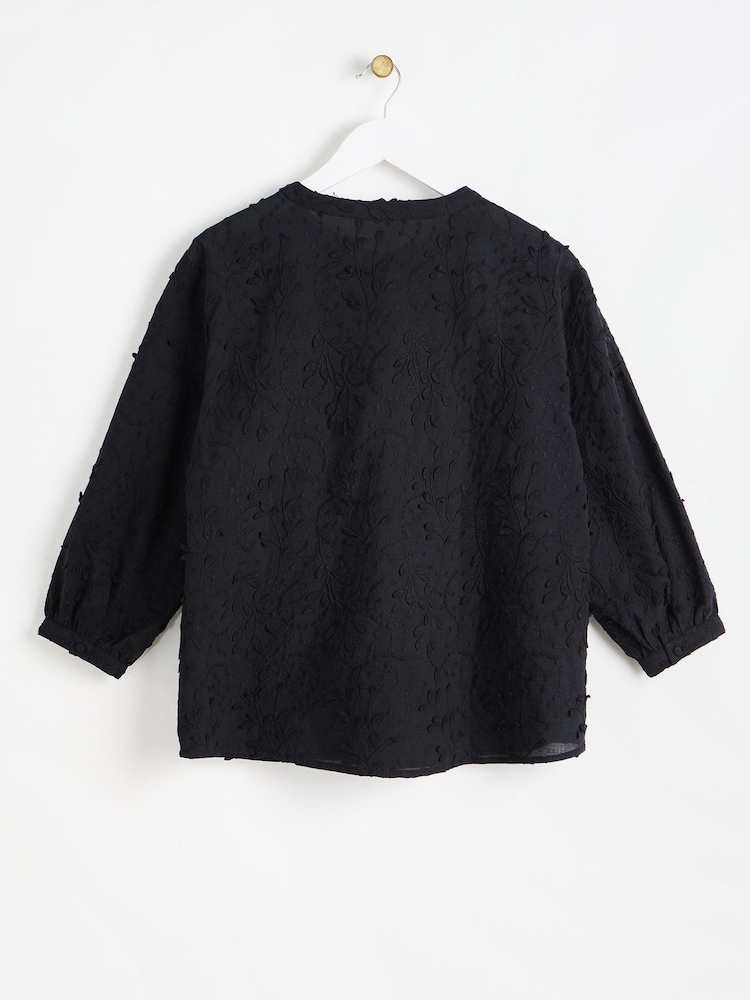Oliver Bonas Black Broderie Embroidered Floral 100% Cotton Blouse - Image 2 of 6