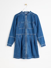 Oliver Bonas Blue Denim Collarless Mini Dress - Image 1 of 6