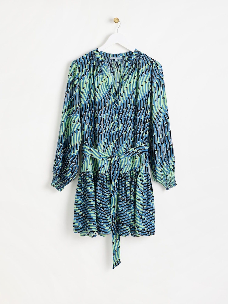 Oliver Bonas Blue & Green Geometric Mini Dress - Image 1 of 6