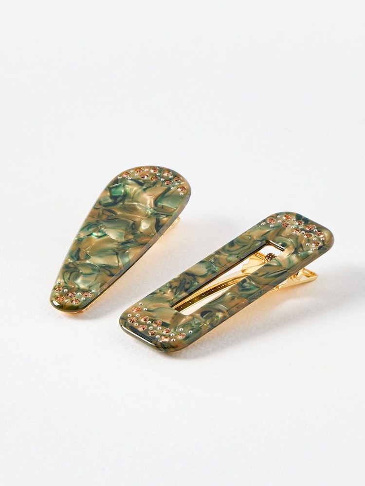 Oliver Bonas Green Edie Resin Mismatch Hair Clips Set of 2 - Image 1 of 3 Oliver Bonas Green Edie Resin Mismatch Hair Clips Set of 2 - Image 1 of 3