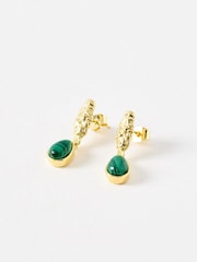 Oliver Bonas Green Fern Malachite Textured Gold Plated Drop Earrings - Image 1 of 4