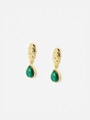 Oliver Bonas Green Fern Malachite Textured Gold Plated Drop Earrings - Image 2 of 4