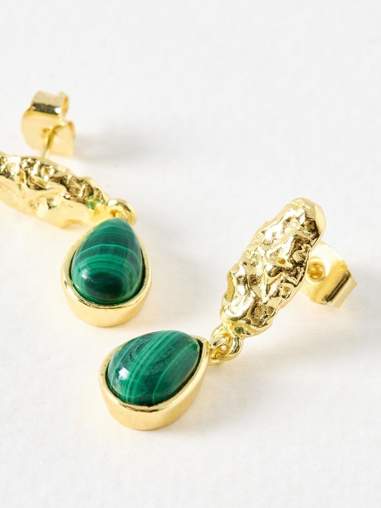 Oliver Bonas Green Fern Malachite Textured Gold Plated Drop Earrings - Image 4 of 4