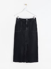 Oliver Bonas Black Washed Denim Midi 100% Cotton Skirt - Image 1 of 5