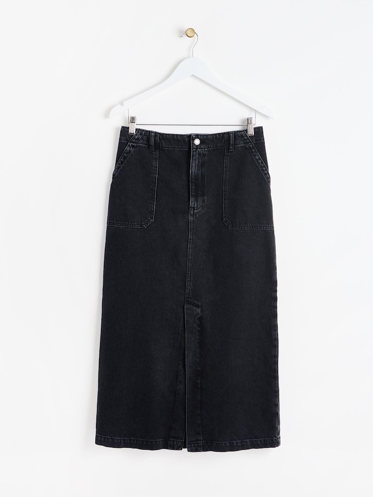 Oliver Bonas Black Washed Denim Midi 100% Cotton Skirt - Image 1 of 5 Oliver Bonas Black Washed Denim Midi 100% Cotton Skirt - Image 1 of 5
