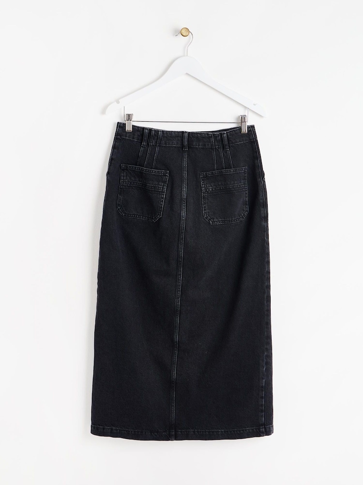 Oliver Bonas Black Washed Denim Midi 100% Cotton Skirt - Image 2 of 5 Oliver Bonas Black Washed Denim Midi 100% Cotton Skirt - Image 2 of 5