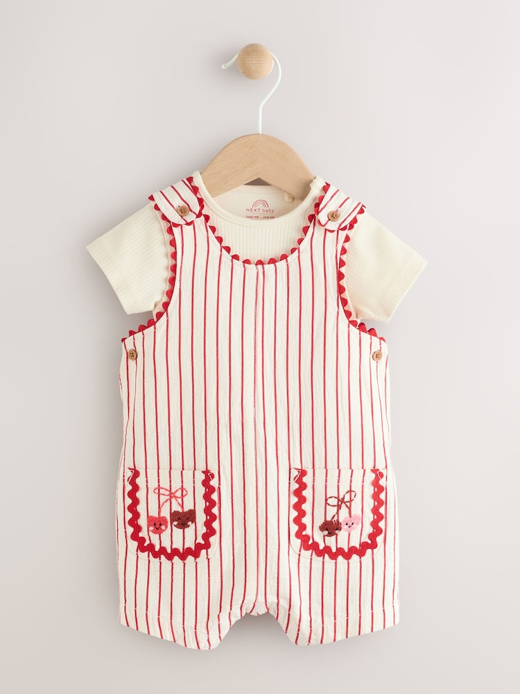 Red Stripe Cherry Baby Short Sleeve Bodysuit and Dungarees Set (0mths-2yrs) - Image 1 of 10