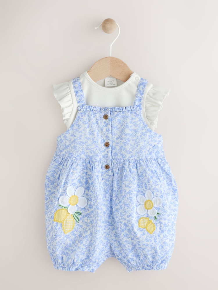 Blue/White Floral Baby Short Sleeve Bodysuit and Dungarees Set (0mths-2yrs) - Image 1 of 9