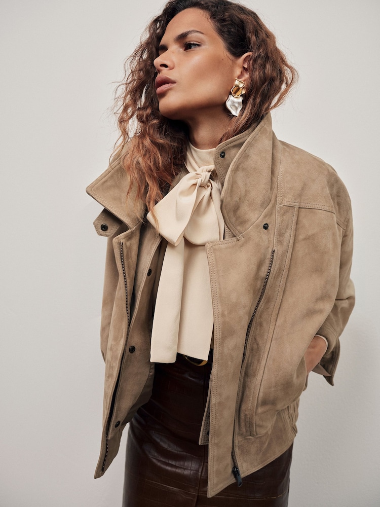 Reiss Neutral Noa Suede Double-Layer Relaxed-Fit Jacket - Image 1 of 10 Reiss Neutral Noa Suede Double-Layer Relaxed-Fit Jacket - Image 1 of 10