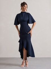 Club L London Blue Lavinia High Neck Flutter Sleeve Asymmetric Maxi Dress - Image 1 of 5