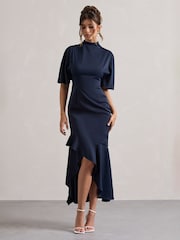 Club L London Blue Lavinia High Neck Flutter Sleeve Asymmetric Maxi Dress - Image 2 of 5