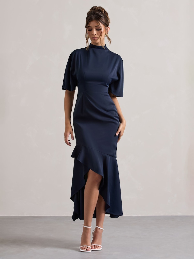Club L London Blue Lavinia High Neck Flutter Sleeve Asymmetric Maxi Dress - Image 2 of 5