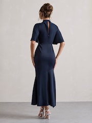 Club L London Blue Lavinia High Neck Flutter Sleeve Asymmetric Maxi Dress - Image 3 of 5
