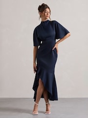 Club L London Blue Lavinia High Neck Flutter Sleeve Asymmetric Maxi Dress - Image 4 of 5